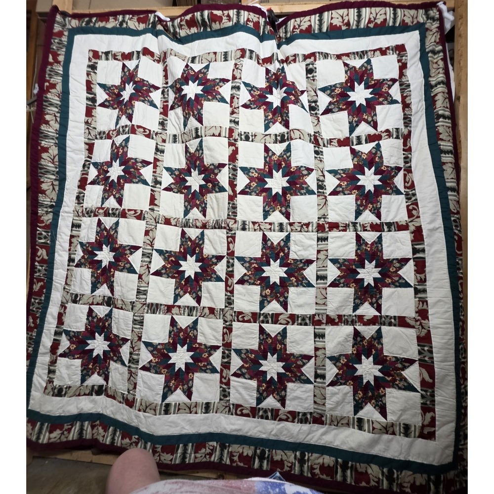 Queen Quilt 86x86 Burgundy Teal Floral Star Patchwork Traditional Country